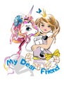 Cartoon cute little girl princess and her magical friend unicorn with flowers and butterflies with a slogan Lady.